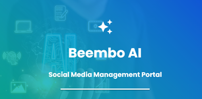 Beembo AI social media management portal logo on a blue background with digital icons.