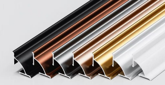 Assorted colored metal architectural trim molding in black, copper, silver, gold, and white – decorative and functional build