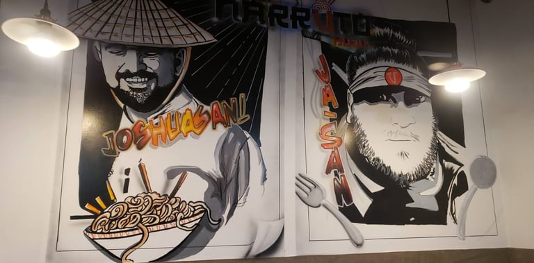 Animated images of the head chefs painted on the wall of a restaurant.