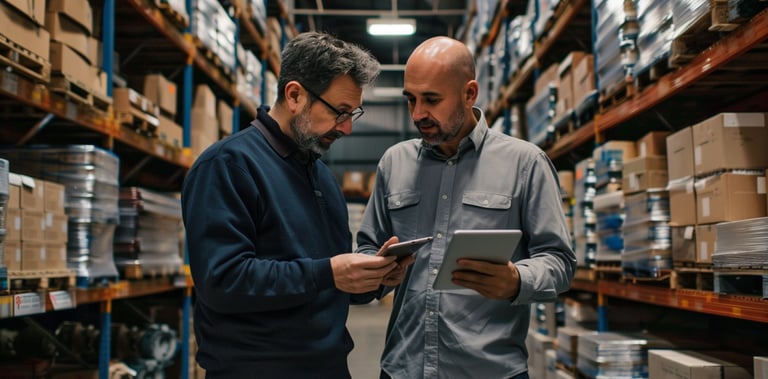 asesoramiento de tramites logísticos entre dos personas en una bodega de almacenamiento 