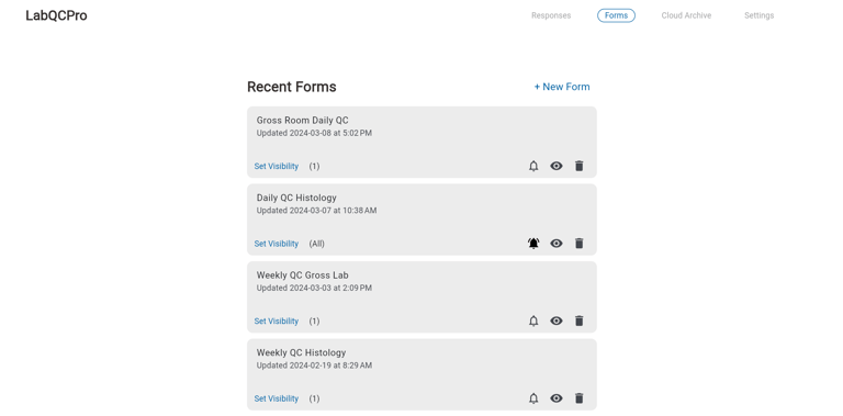 LabQCPro quality control form list on website admin.