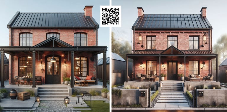 red brick house, black accents, porcj, portico, renovation, industrial, conrete, metal roof