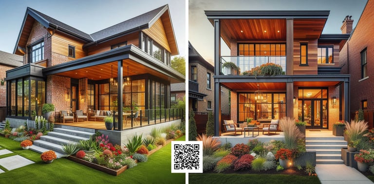 transitional house, brick, woood siding, metal columns, glass railing, porch, renovation
