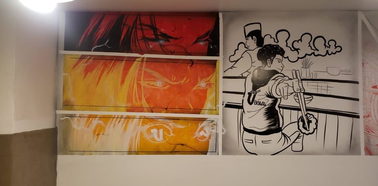 Anime images painted on the wall of a restaurant.