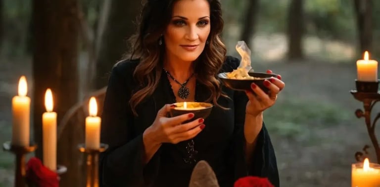 Guía espiritual realizando un ritual personalizado en un bosque, rodeada de velas encendidas y rosas rojas, sosteniendo un cu