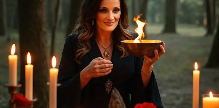 Guía espiritual realizando un ritual personalizado en un bosque, sosteniendo un cuenco con fuego ceremonial, rodeada de velas