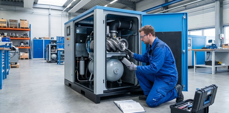technician maintaining industrial screw air compressor equipment