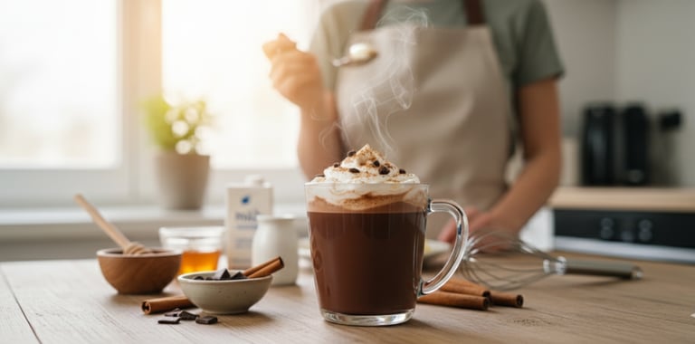 Selbstgemachte heiße Schokolade mit Schokolade, Milch und Zimt auf Küchentisch – DIY-Stimmung mit Da
