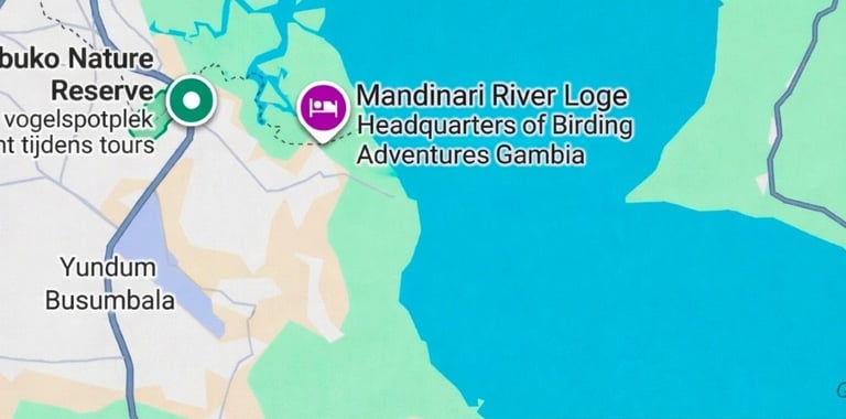 Map of Mandinari River Lodge, headquarters of Birding Adventures Gambia, near Abuko.