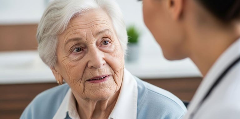 rosto de pessoa idosa conversando com profissional de saúde em consultório iluminado, expressão de atenção.