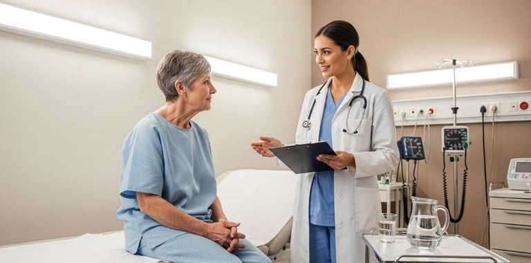 Pessoa de aproximadamente 65 anos sentada em maca médica enquanto profissional de saúde explica sobre hidratação