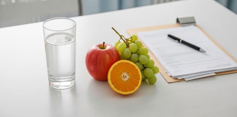 Vista superior de mesa com copo de água, frutas frescas e prontuário médico ao lado, iluminação branca, ambiente clínico.