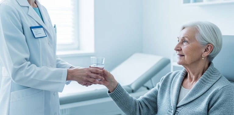 Profissional de saúde entregando copo de água a pessoa idosa em consultório,