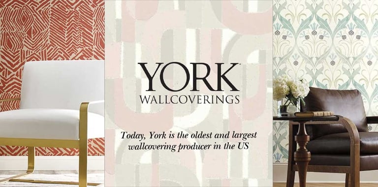 Elegant York Wallcoverings banner featuring modern patterned wallpaper designs and stylish home interior decor.