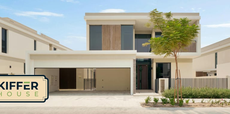 modern logo architects villa with minimalist architecture, flat roof, and two-car garage.