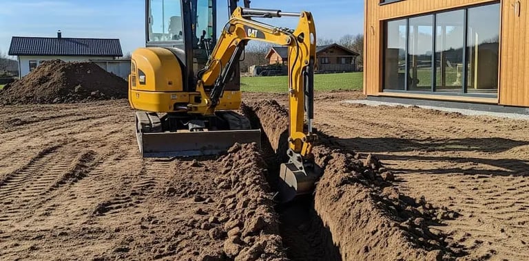 Maquina retroexcavadora realizando zanjas para instalación de riego 