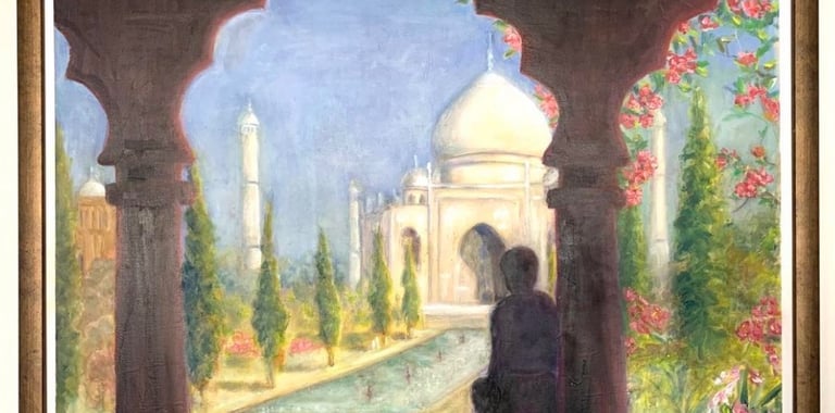 Father and child admiring Taj Mahal view