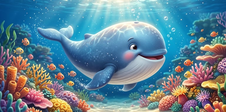 Cute cartoon blue whale swimming over a colorful tropical coral reef with small fish.
