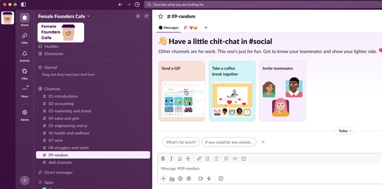 Slack group for female founders with channels about accounting, marketing, sales, engineering, & AI