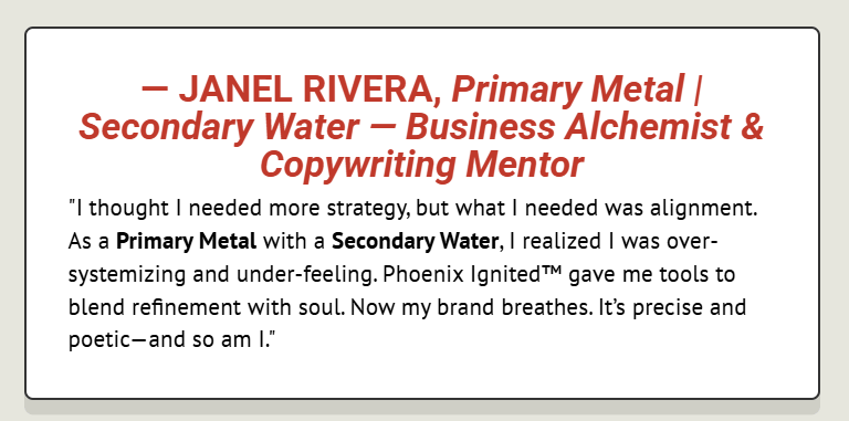 Testimonial from Business Alchemist and Copywriting  Mentor realizing the need more alignment not strategy, Metal Archetype