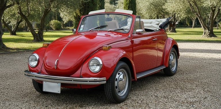 Volkswagen Beetle Cabriolet 1971 rojo clásico descapotable en finca española, ideal para bodas y eventos.