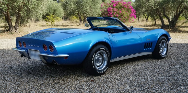 Corvette C3 Stingray azul descapotable 1968 visto desde atrás, coche clásico para bodas y eventos en España.