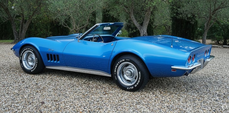 Corvette Stingray C3 1968 azul descapotable, clásico de lujo americano ideal para bodas y eventos en España.