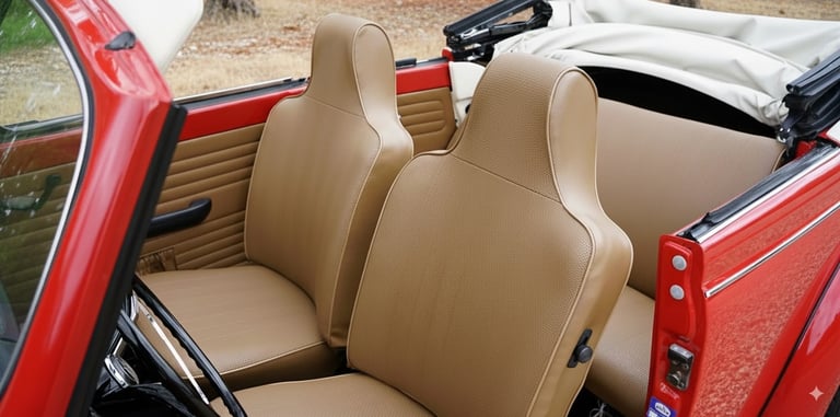 Interior del Volkswagen Beetle Cabriolet rojo 1971 con asientos beige, coche clásico descapotable para bodas.