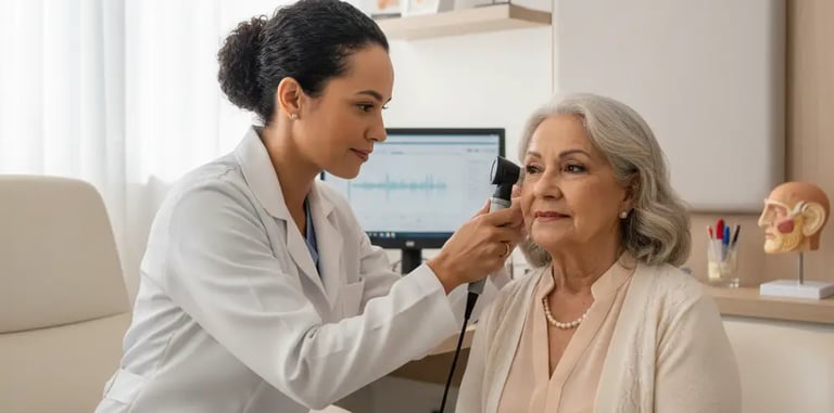 fonoaudióloga vestindo jaleco branco atende e examina orelha de senhora com otoscópio em consultório
