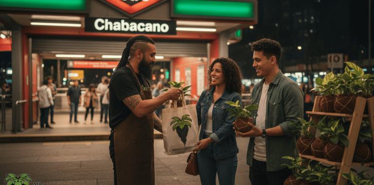 Una pareja compra plantas de interior a un vendedor ambulante afuera de la estación de metro 