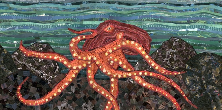 Mixed media paper collage of a red octopus underwater with tentacles and textured rock details.