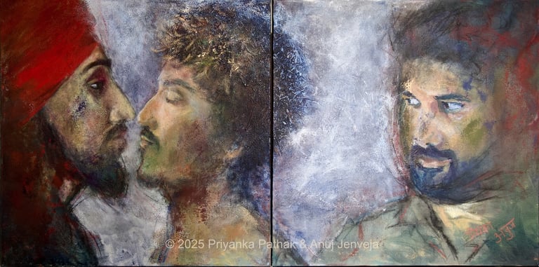 A painting depiciting tension between three desi men by Anuj Jenveja and Priyanka Pathak 