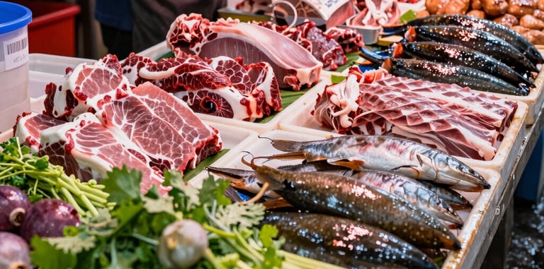 Close-up of fresh produce artfully arranged on a clean, white surface.