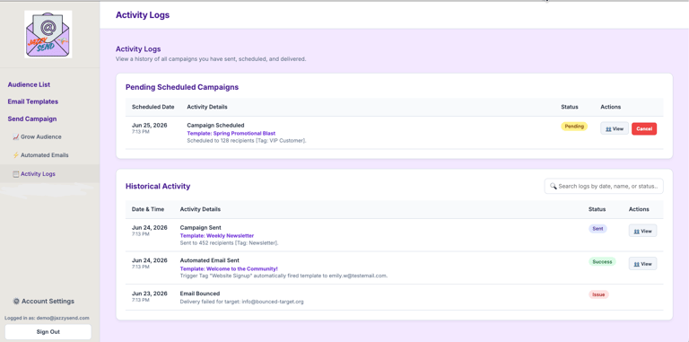 JazzySend transparent campaign activity logs