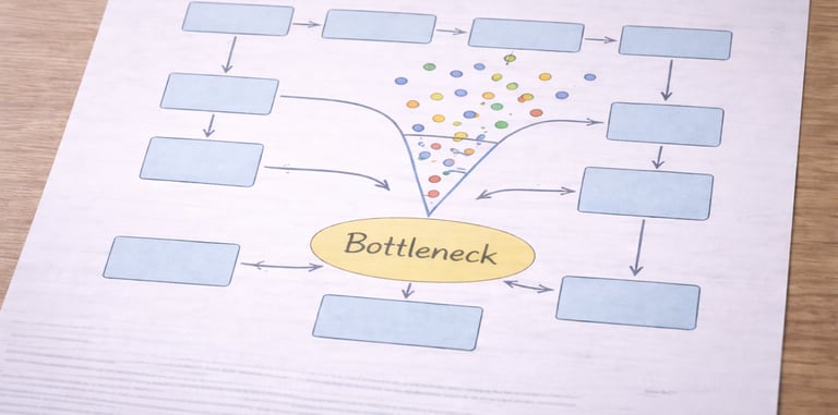 Workflow diagram showing multiple steps converging at a bottleneck.