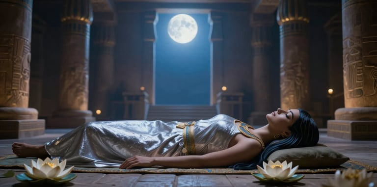 Woman lying peacefully in Egyptian-inspired temple with moonlight and floating lotus blossoms