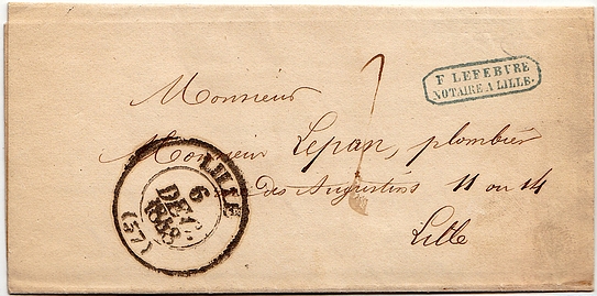 1848: Lettre de LILLE pour LILLE datée du 6 décembre 1848. Port dû taxé à la plume à 1 décime (lettr