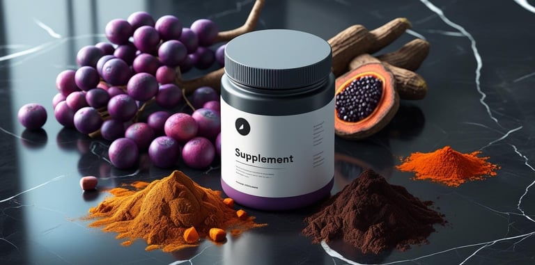 Stylized supplement jar mockup on a wooden or marble surface with surrounding ingredients (like rhod