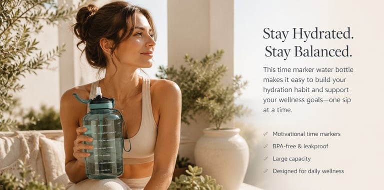 A woman holding a large, reusable water bottle with motivational time markers for daily wellness hydration.