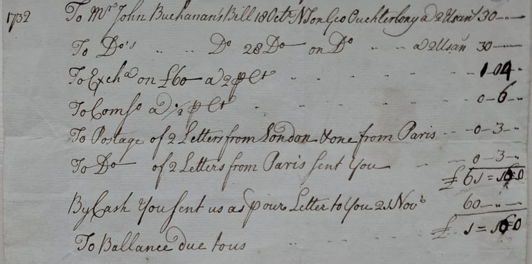 Transactions reckoned to a balance in Murdoch’s account with Buchanan, 1732.