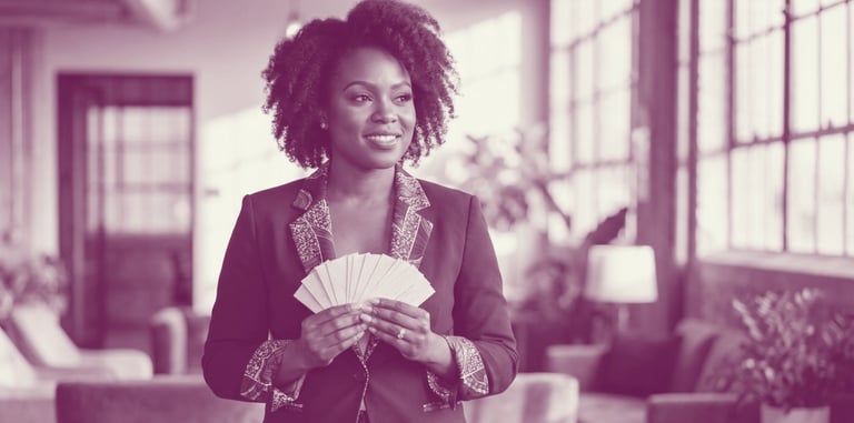 A black woman holds a fan of business cards in her hands