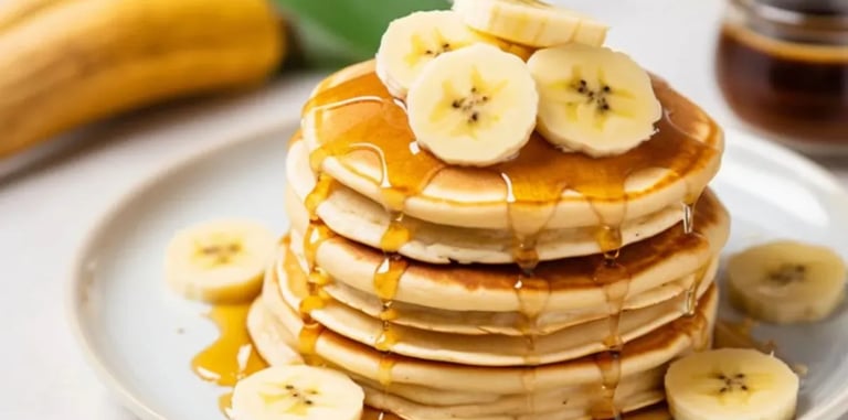 uma pilha de panquecas com bananas e mel