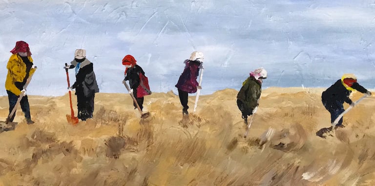 a painting of a group of people walking through a field