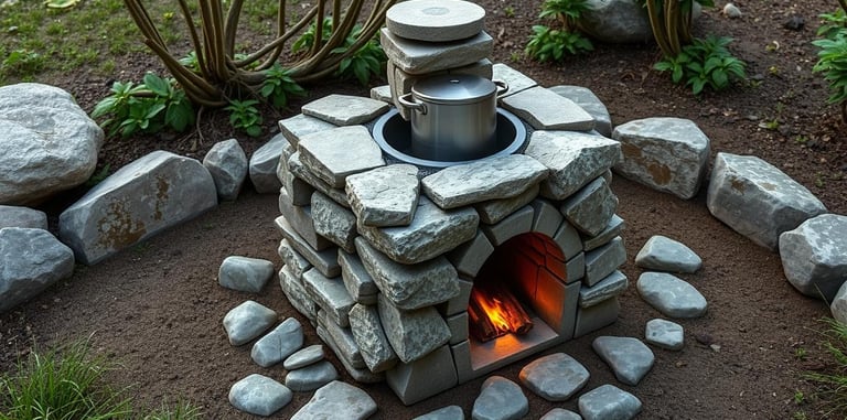 a detailed rocket stove design with stacked rocks
