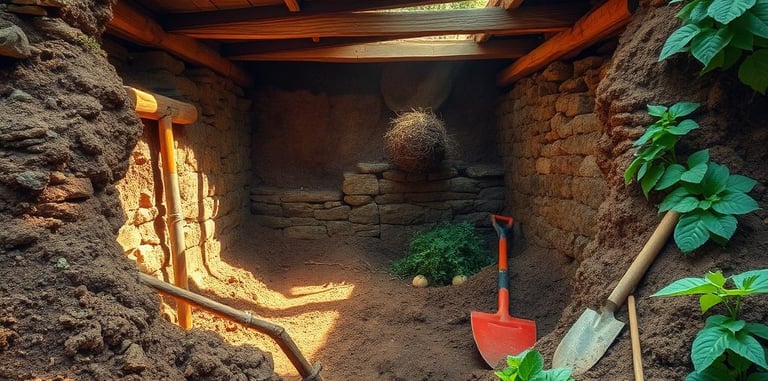 Natural landscape featuring a partially excavated root cellar, surrounded by rich, earthy soil.