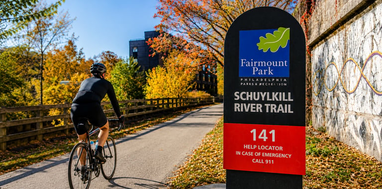 Cyclist riding on the Schuylkill River Trail in Philadelphia