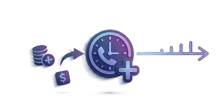 Horloge et symboles monétaires illustrant l'ajout de minutes d'appel supplémentaires au forfait