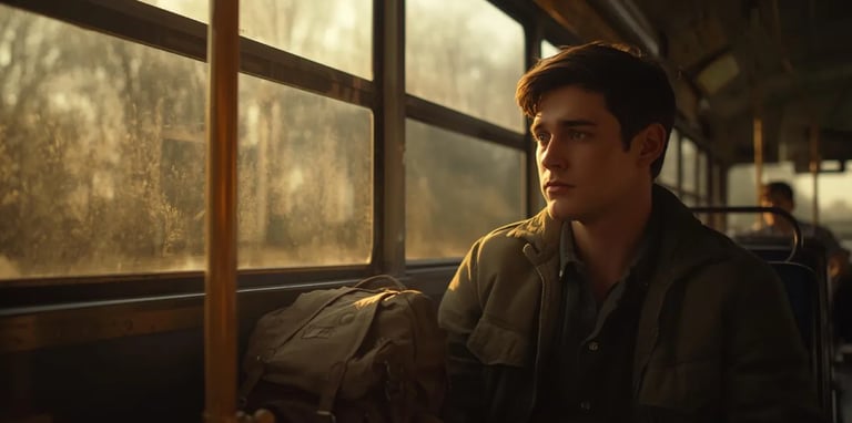 Young boy travelling by a bus alone representing a bold heart.