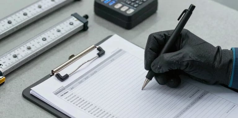 Close overhead shot of a technician's gloved hands marking a structured assessment form on a clipboard, industrial facility floor visible in background, cool diffused daylight, precision instruments and measuring tools arranged beside the form on a grey concrete surface