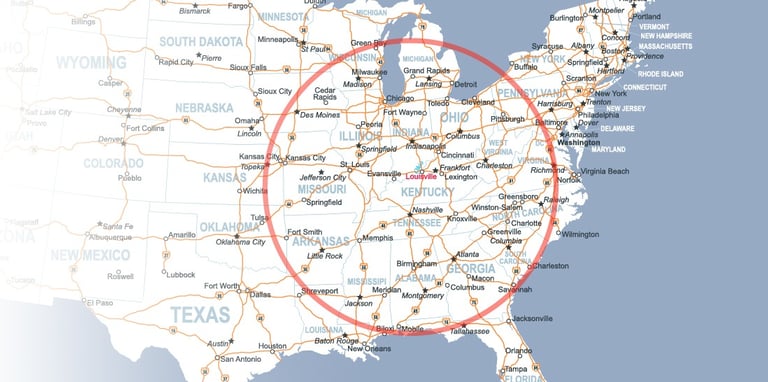 Hot Shot Trucking Service area map showing 500 mile radius from Louisville, KY - Specialty Logistics